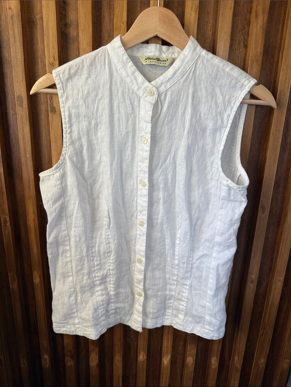 VTG 100% Linen Eddie Bauer Sleeveless Minimalist Buttoned Front Blouse. S run sm